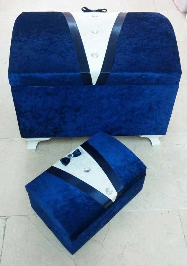 Groom Figured Velvet Double Dowry Chest Navy Blue