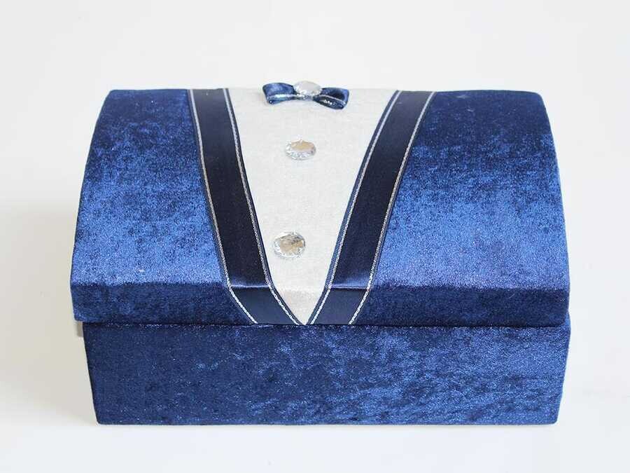 Groom Figured Velvet Chest Navy Blue - Thumbnail