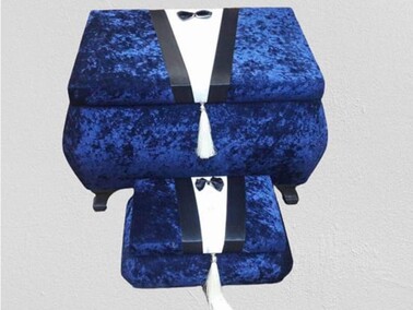 Groom Figured Cornered Velvet Double Dowry Chest Navy Blue - Thumbnail