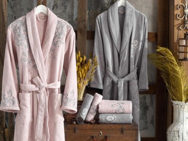 Dantela - Lace Anemon 3d Bamboo Bathrobe Set Powder Gray Dantela - Lace Anemon 3d Bamboo Bathrobe Set Powder Gray