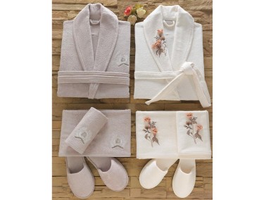 Dantela Anetta 3d Bamboo Bathrobe Set Cream Stone - Thumbnail