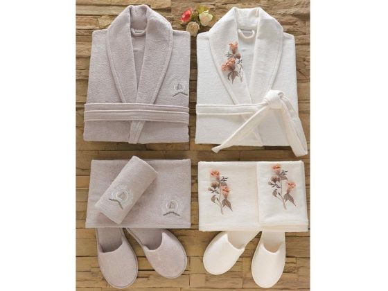 Dantela Anetta 3d Bamboo Bathrobe Set Cream Stone