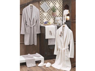 Dantela Anetta 3d Bamboo Bathrobe Set Cream Stone - Thumbnail