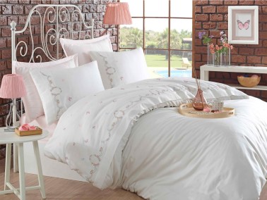 Dantela Bade Embroidered Cotton Satin Duvet Cover Set Cream - Thumbnail