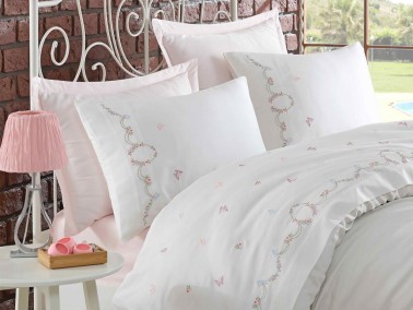 Dantela Bade Embroidered Cotton Satin Duvet Cover Set Cream - Thumbnail