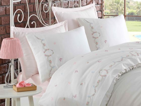 Dantela Bade Embroidered Cotton Satin Duvet Cover Set Cream