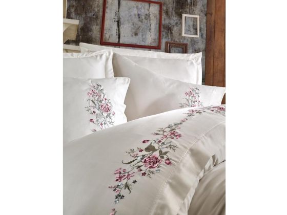 Dantela Efsa Embroidered Cotton Satin Duvet Cover Set Cream