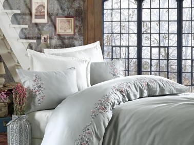 Dantela - Dantela Efsa Embroidered Cotton Satin Duvet Cover Set Aqua