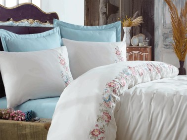  Dantela Frezya Embroidered Cotton Satin Duvet Cover Set Blue - Thumbnail