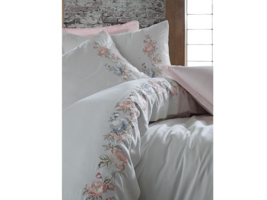 Dantela Frezya Embroidery Cotton Satin Duvet Cover Set Powder - Thumbnail