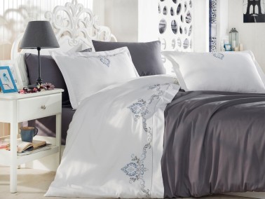  Dantela Gözde Embroidered Cotton Satin Duvet Cover Set DimGray - Thumbnail