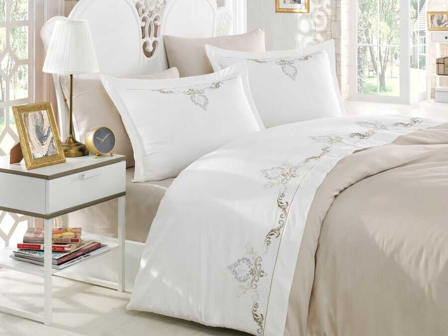  Dantela Gözde Embroidered Cotton Satin Duvet Cover Set Beige - Thumbnail