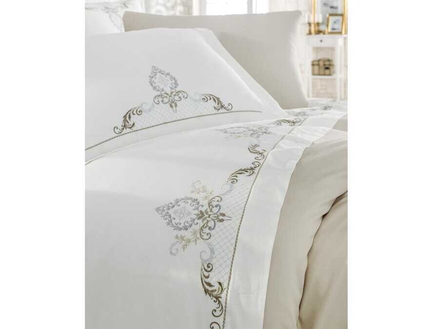  Dantela Gözde Embroidered Cotton Satin Duvet Cover Set Beige - Thumbnail