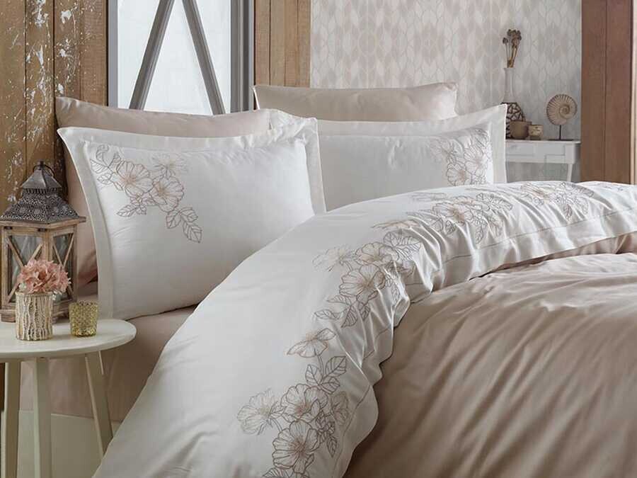  Dantela Hare Embroidered Cotton Satin Duvet Cover Set Beige - Thumbnail