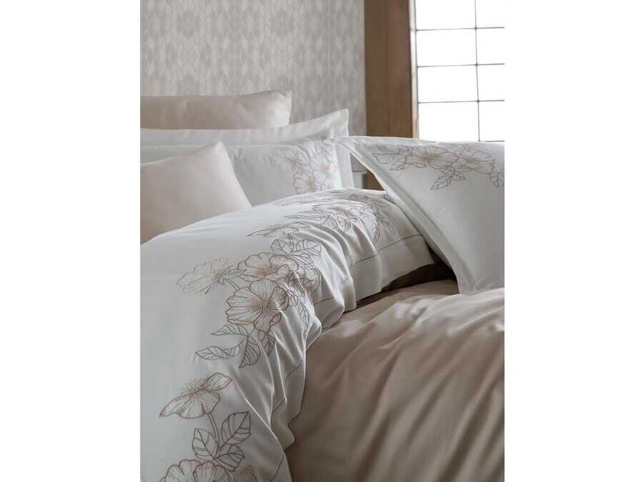  Dantela Hare Embroidered Cotton Satin Duvet Cover Set Beige - Thumbnail