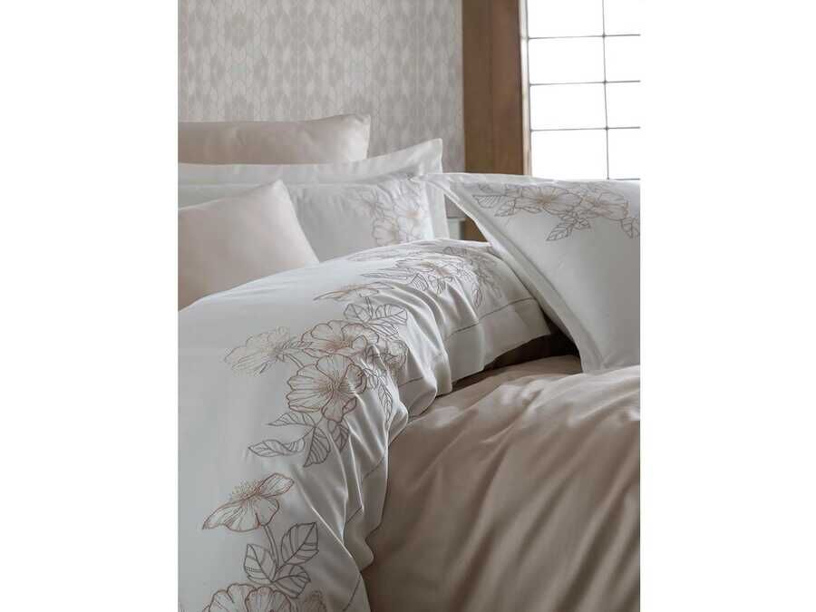  Dantela Hare Embroidered Cotton Satin Duvet Cover Set Beige