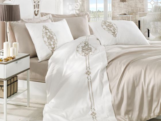  Dantela Intence Embroidered Cotton Satin Duvet Cover Set Powder