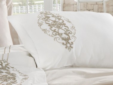  Dantela Intence Embroidered Cotton Satin Duvet Cover Set Powder - Thumbnail