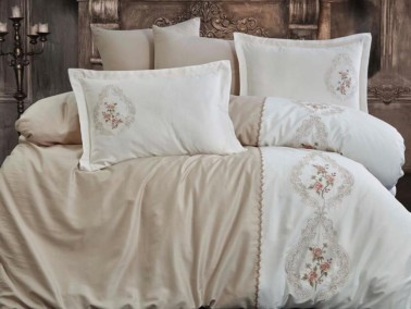 Isabella Embroidered Cotton Satin Duvet Cover Set Beige - Thumbnail