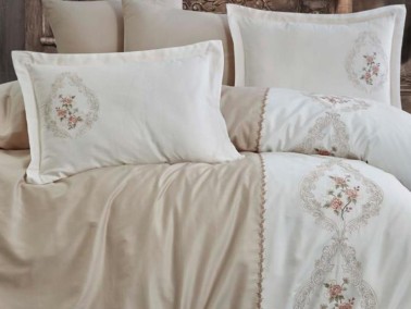 Isabella Embroidered Cotton Satin Duvet Cover Set Beige - Thumbnail