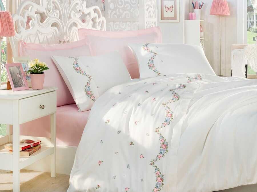  Dantela Lara Embroidered Cotton Satin Duvet Cover Set Cream - Thumbnail