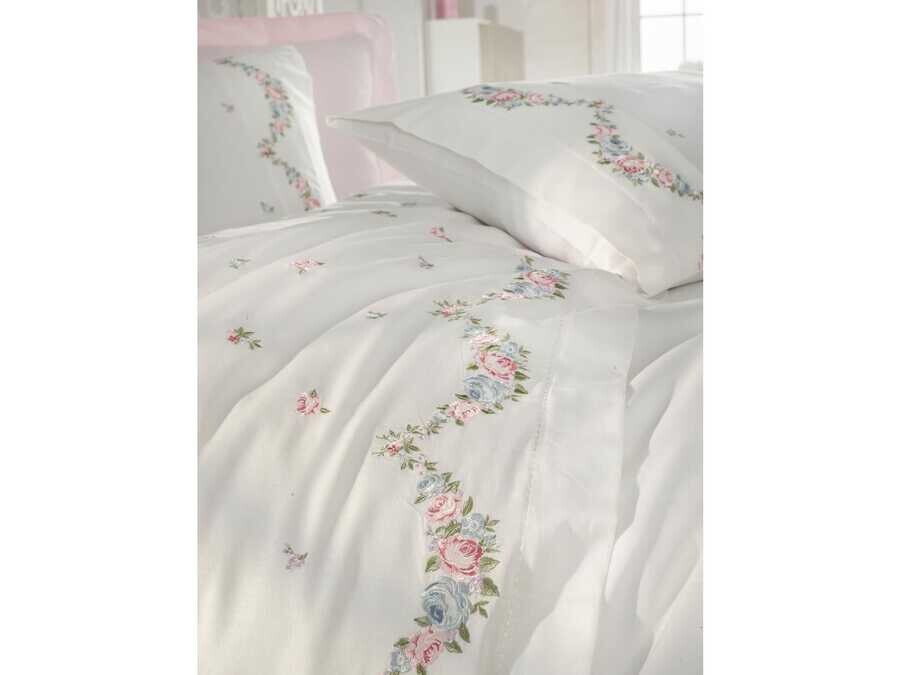  Dantela Lara Embroidered Cotton Satin Duvet Cover Set Cream - Thumbnail