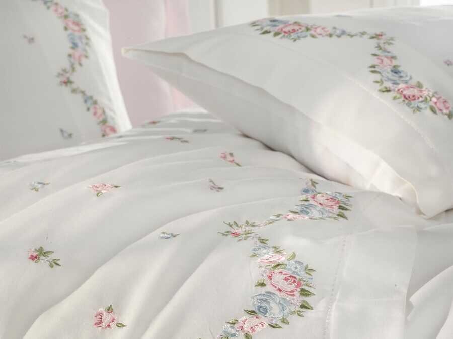  Dantela Lara Embroidered Cotton Satin Duvet Cover Set Cream - Thumbnail