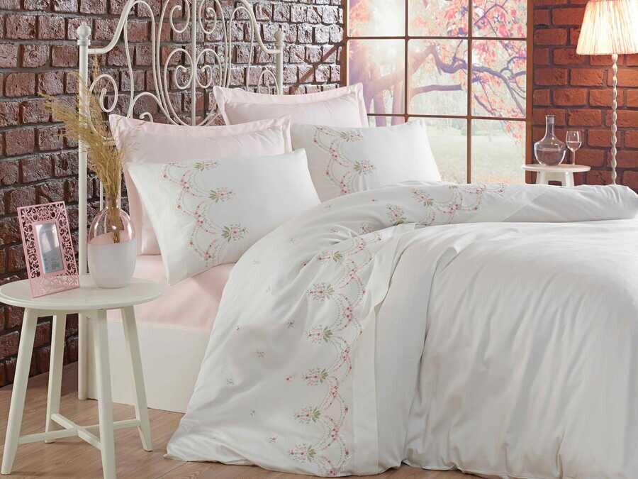  Dantela Lisa Embroidered Cotton Satin Duvet Cover Set Cream Powder - Thumbnail