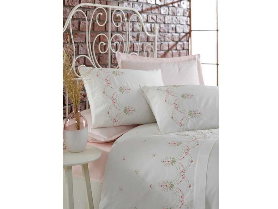  Dantela Lisa Embroidered Cotton Satin Duvet Cover Set Cream Powder - Thumbnail