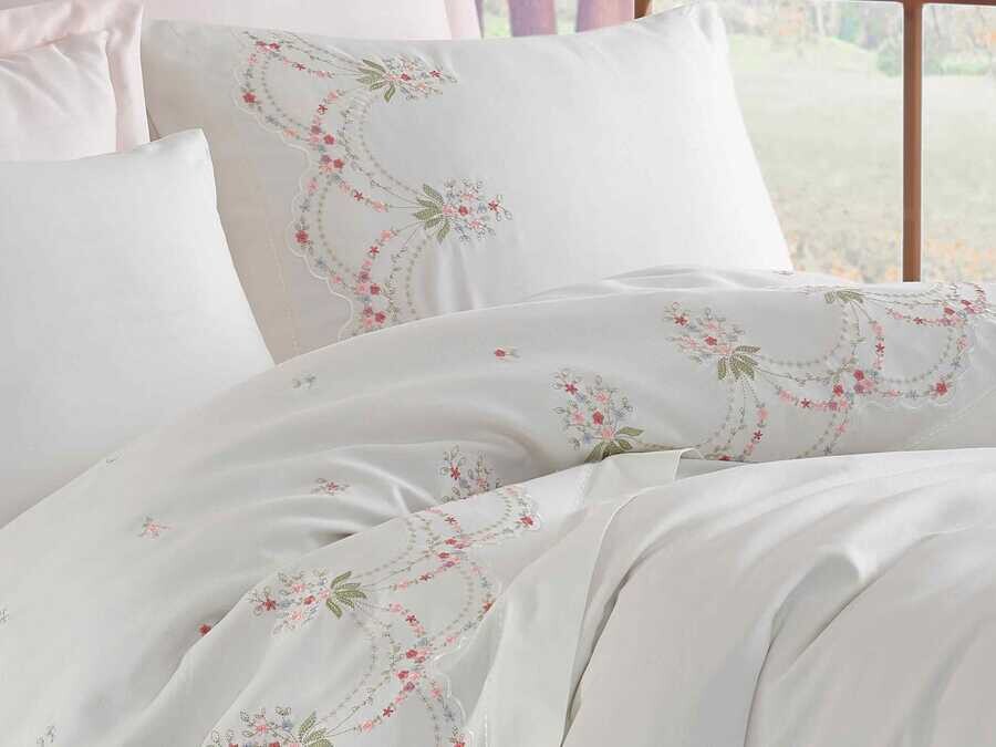  Dantela Lisa Embroidered Cotton Satin Duvet Cover Set Cream Powder - Thumbnail