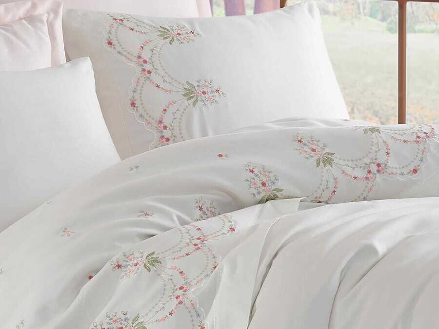  Dantela Lisa Embroidered Cotton Satin Duvet Cover Set Cream Powder - Thumbnail