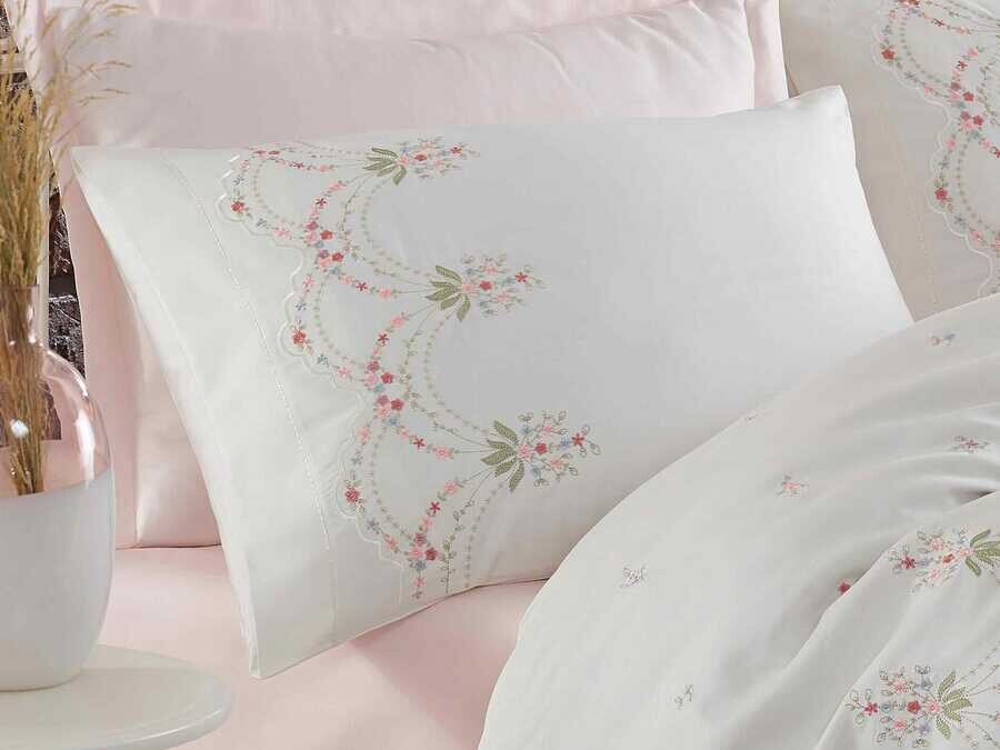  Dantela Lisa Embroidered Cotton Satin Duvet Cover Set Cream Powder - Thumbnail