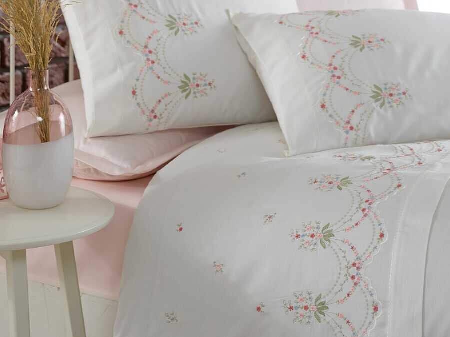  Dantela Lisa Embroidered Cotton Satin Duvet Cover Set Cream Powder - Thumbnail