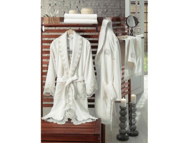 Dantela Love French Guipure Bathrobe Set Cream Cream - Thumbnail