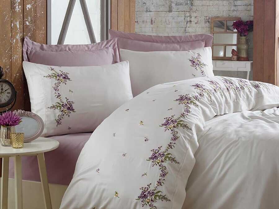  Dantela Nisa Embroidered Cotton Satin Duvet Cover Set - Thumbnail