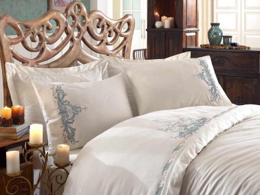 Lace Olivia Embroidered Cotton Satin Duvet Cover Set Cream Mint - Thumbnail