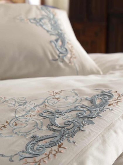 Lace Olivia Embroidered Cotton Satin Duvet Cover Set Cream Mint