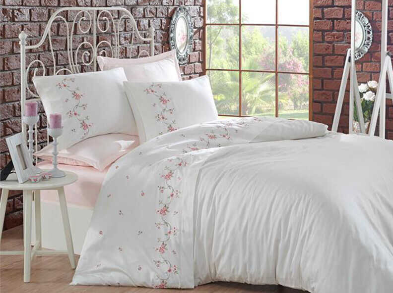 Dantela Rosa Embroidered Cotton Satin Duvet Cover Set Cream Powder - Thumbnail