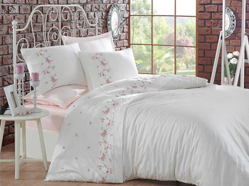 Dantela Rosa Embroidered Cotton Satin Duvet Cover Set Cream Powder