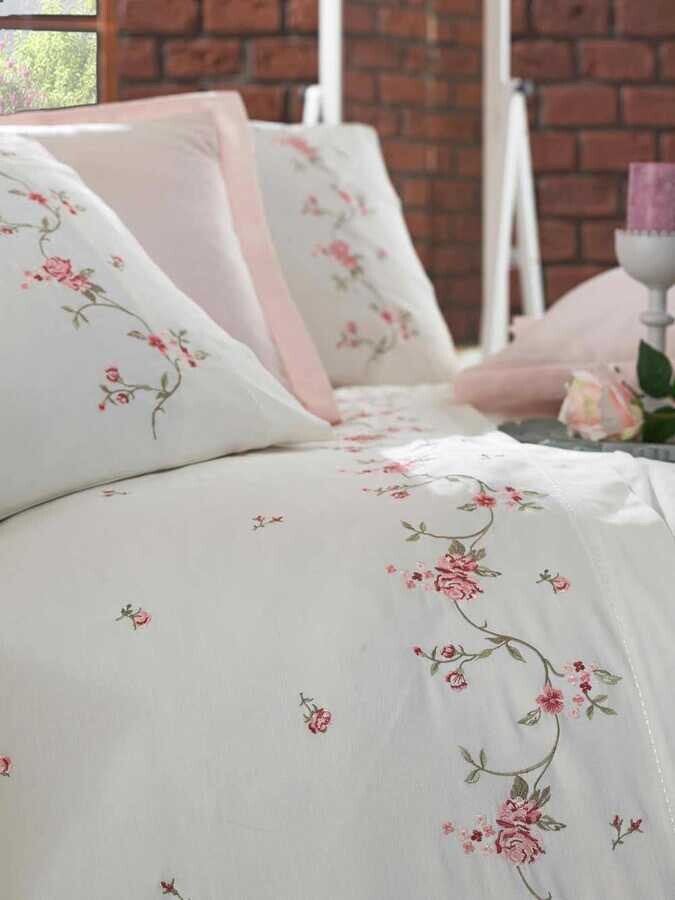 Dantela Rosa Embroidered Cotton Satin Duvet Cover Set Cream Powder - Thumbnail