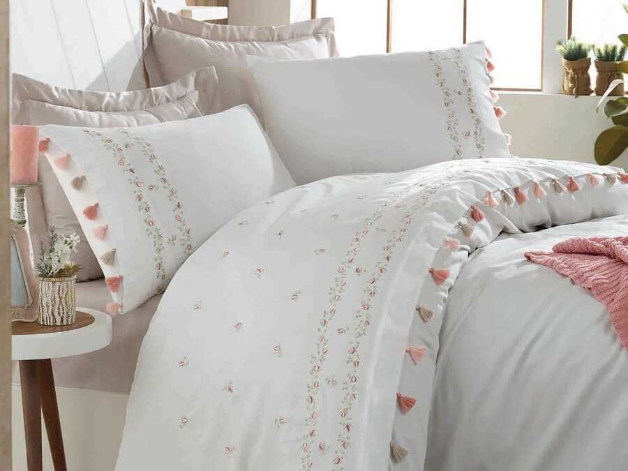 Dantela Royal Embroidery Tasseled Cotton Satin Duvet Cover Set - Thumbnail