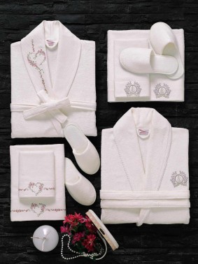 Lace Sare Embroidered Bamboo Bathrobe Set Cream Cream - Thumbnail