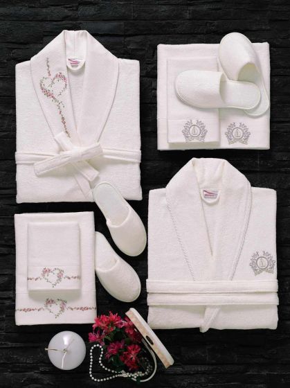 Lace Sare Embroidered Bamboo Bathrobe Set Cream Cream