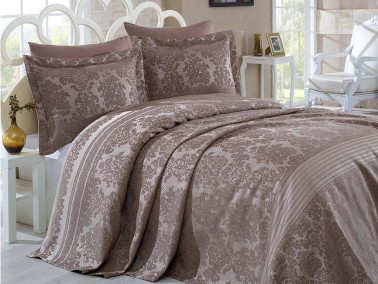 Lace Simay Jacquard Chenille Double Bedspread Brown - Thumbnail
