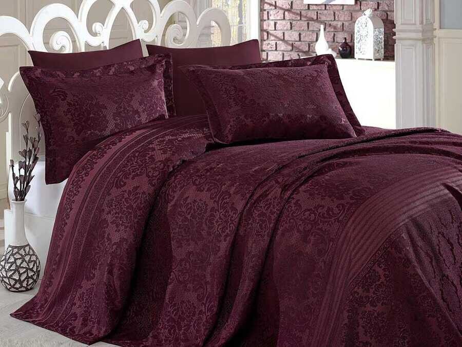 Dantela Sımay Chenille Jacquard Bed Cover Claret Red - Thumbnail