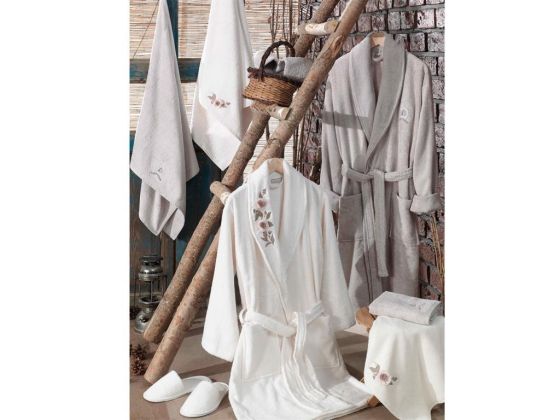 Dantela Sude 3d Bamboo Bathrobe Set Cream Stone