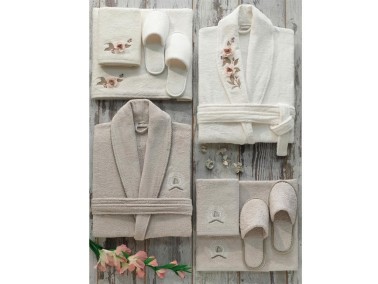 Dantela Sude 3d Bamboo Bathrobe Set Cream Stone - Thumbnail