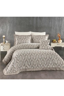 Deniz Chenille Bedspread Set 245x255, Bed Sheet 240x260, Cotton, Brown - Thumbnail