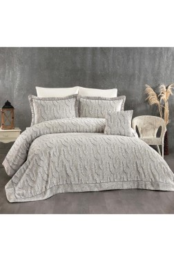 Deniz Chenille Bedspread Set 245x255, Bed Sheet 240x260, Cotton, Gray - Thumbnail