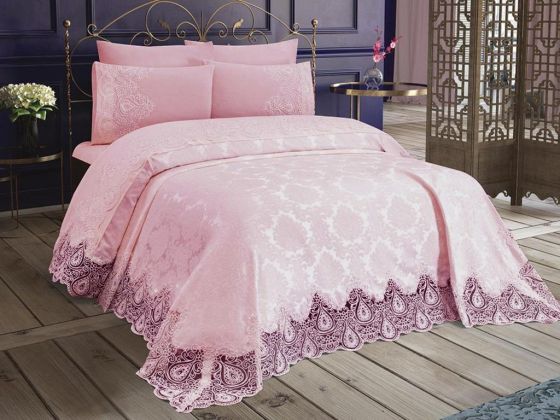 Deren Wedding Set 6pcs, Bedspread 230x240, Sheet 230x240, Pillowcase 50x70, Laced, Embroidered, Pink